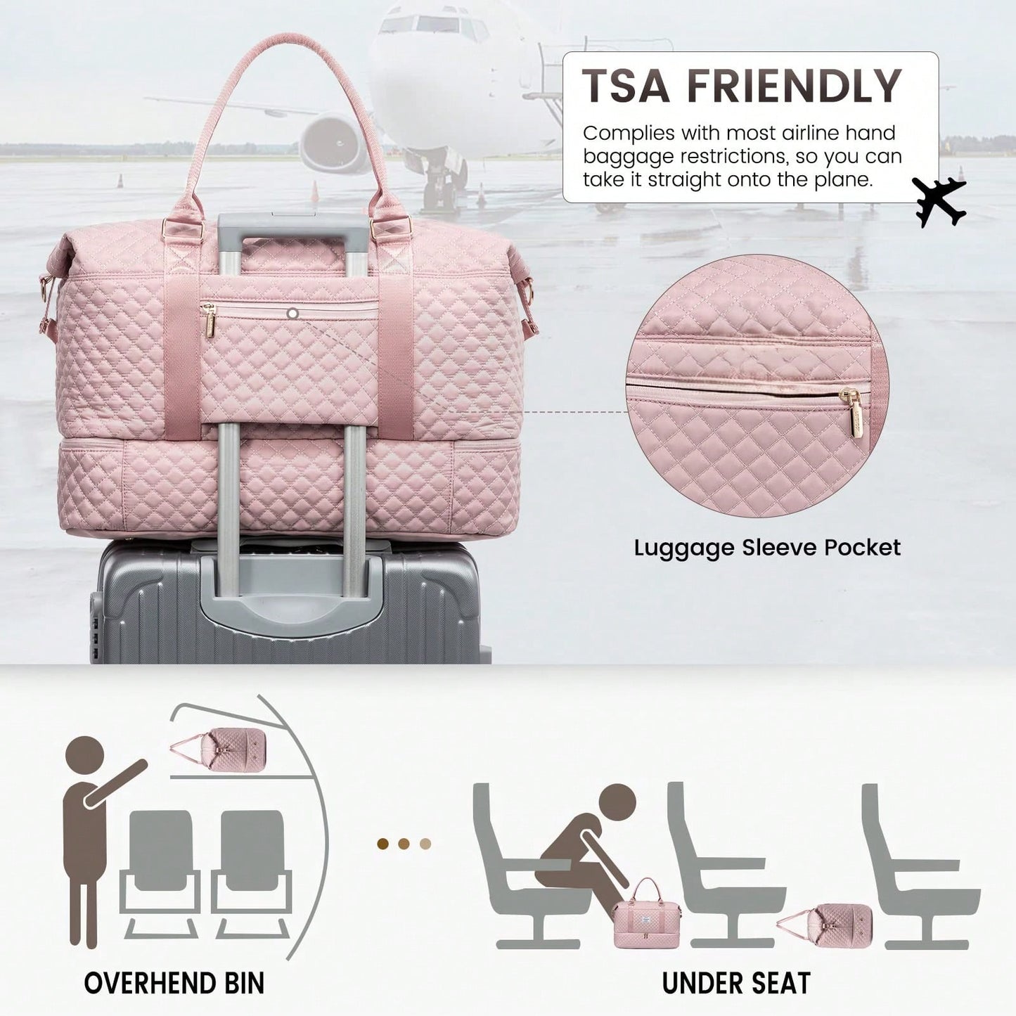 Travel Duffle Bag,Weekender Bags For Women With Shoe Compartment,Carry On Overnight Bag With Toiletry Bag,Gym Duffel Bag With Wet Pocket (Pink)