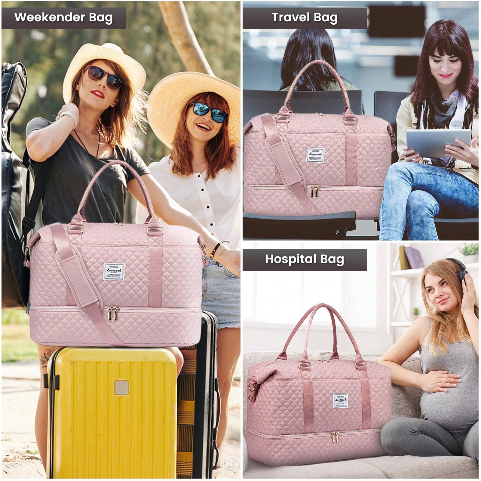 Travel Duffle Bag,Weekender Bags For Women With Shoe Compartment,Carry On Overnight Bag With Toiletry Bag,Gym Duffel Bag With Wet Pocket (Pink)