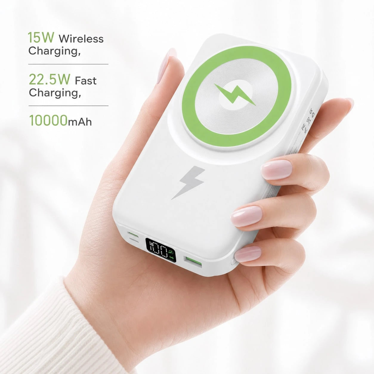 Travel-Ready White 10000mAh Magnetic Battery Pack With 15W Wireless And 22.5W Fast Charging, Featuring An LED Power Readout, Slim White Shell And Rear Stand For Hands-Free Viewing, Made For Compatible