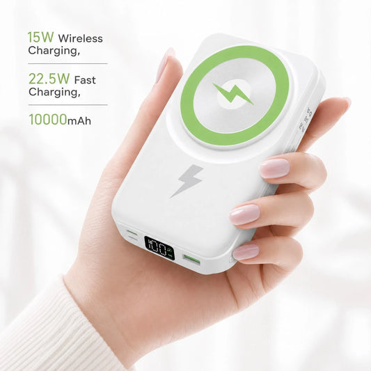 Travel-Ready White 10000mAh Magnetic Battery Pack With 15W Wireless And 22.5W Fast Charging, Featuring An LED Power Readout, Slim White Shell And Rear Stand For Hands-Free Viewing, Made For Compatible