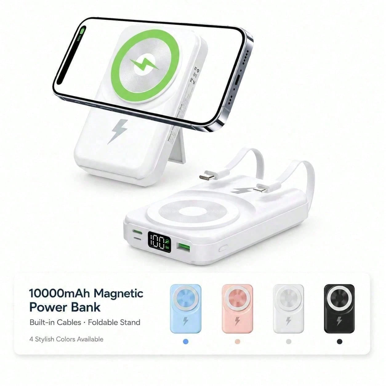 Travel-Ready White 10000mAh Magnetic Battery Pack With 15W Wireless And 22.5W Fast Charging, Featuring An LED Power Readout, Slim White Shell And Rear Stand For Hands-Free Viewing, Made For Compatible