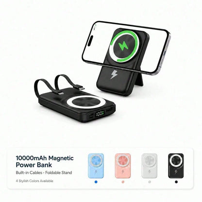 Travel-Ready White 10000mAh Magnetic Battery Pack With 15W Wireless And 22.5W Fast Charging, Featuring An LED Power Readout, Slim White Shell And Rear Stand For Hands-Free Viewing, Made For Compatible