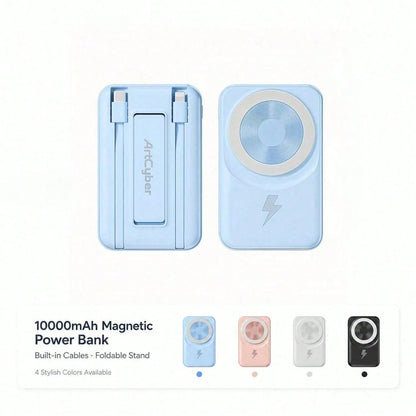 Travel-Ready White 10000mAh Magnetic Battery Pack With 15W Wireless And 22.5W Fast Charging, Featuring An LED Power Readout, Slim White Shell And Rear Stand For Hands-Free Viewing, Made For Compatible