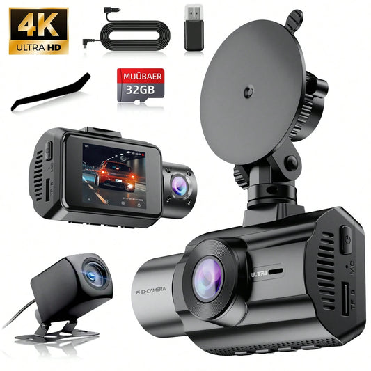 Triple Dash Cam 4K Front & 1080P Rear/Interior, 3 Channel Car Camera With 32GB Card, IR Night Vision, 24/7 Parking Surveillance, G-Sensor, Loop Recording, For Cars, Trucks