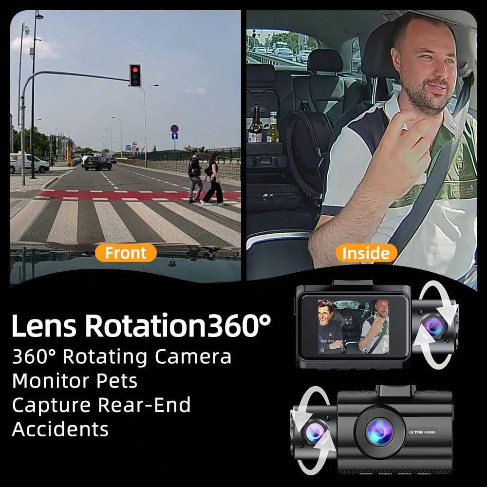 Triple Dash Cam 4K Front & 1080P Rear/Interior, 3 Channel Car Camera With 32GB Card, IR Night Vision, 24/7 Parking Surveillance, G-Sensor, Loop Recording, For Cars, Trucks