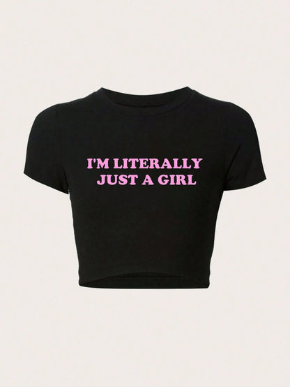 TRNVIE Plus Size Women Cropped Slogan Slim Fit T-Shirt, I'M LITERALLY JUST A GIRL, Summer