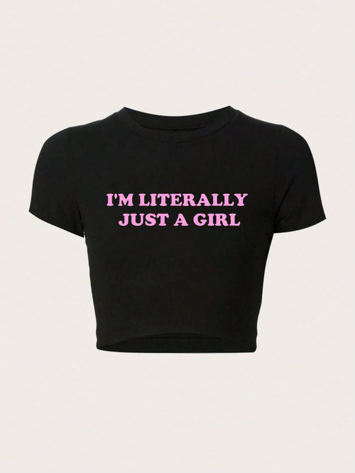 TRNVIE Plus Size Women Cropped Slogan Slim Fit T-Shirt, I'M LITERALLY JUST A GIRL, Summer