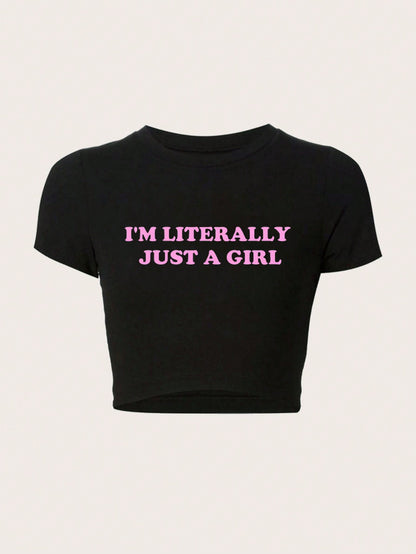TRNVIE Plus Size Women Cropped Slogan Slim Fit T-Shirt, I'M LITERALLY JUST A GIRL, Summer
