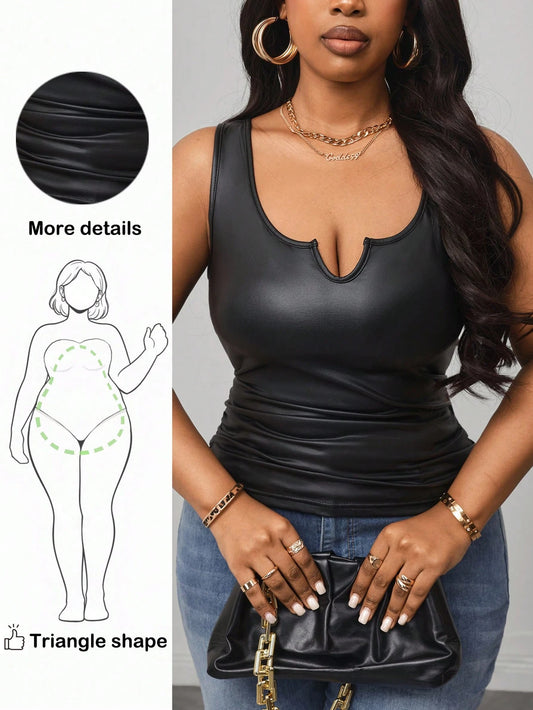 Truni Plus Size Casual All-Match Black Faux Leather Cami Top With Deep U-Neck And Racerback, For Pear Triangle Body Shape, For Body Shape, For Summer