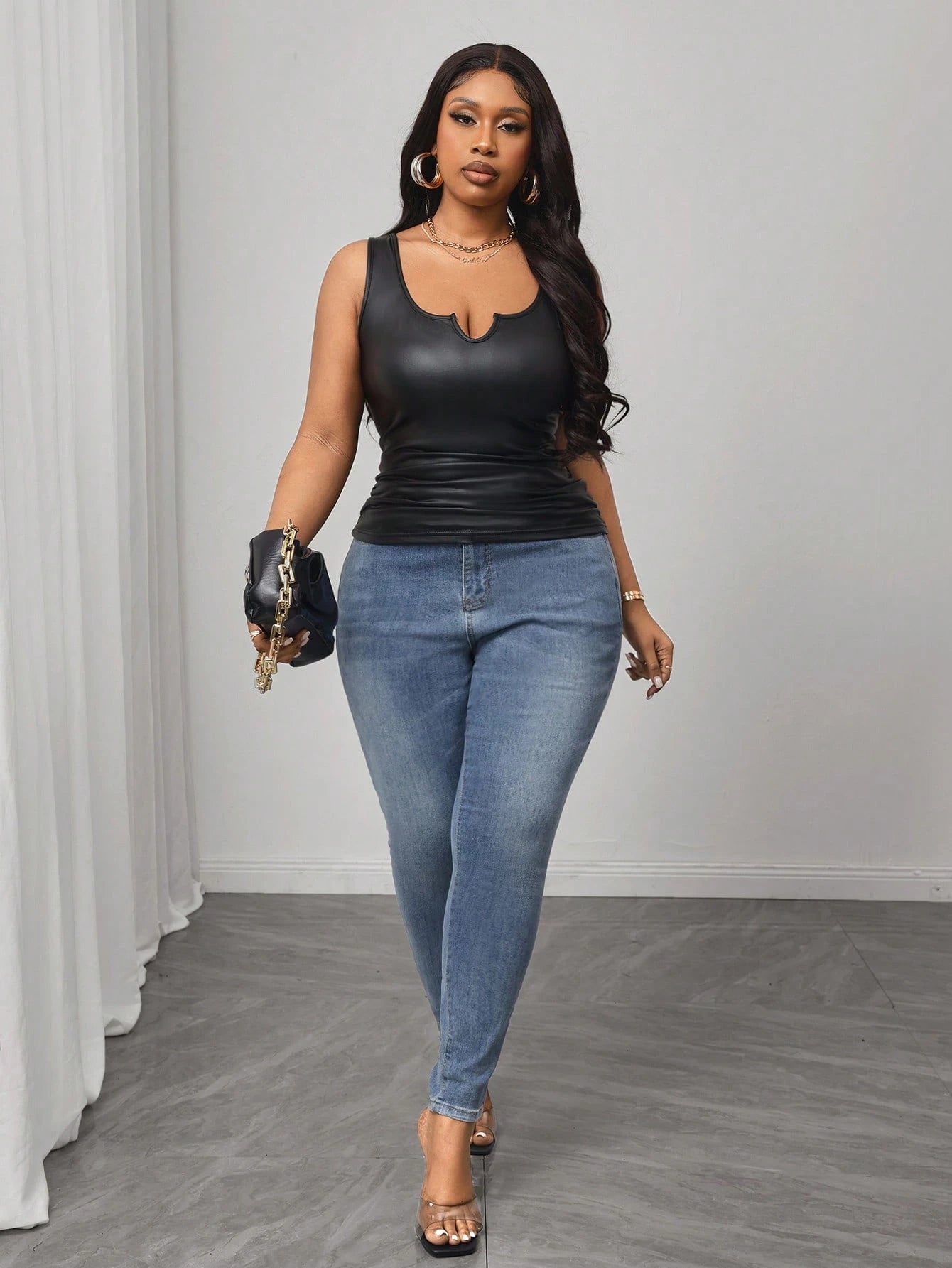 Truni Plus Size Casual All-Match Black Faux Leather Cami Top With Deep U-Neck And Racerback, For Pear Triangle Body Shape, For Body Shape, For Summer