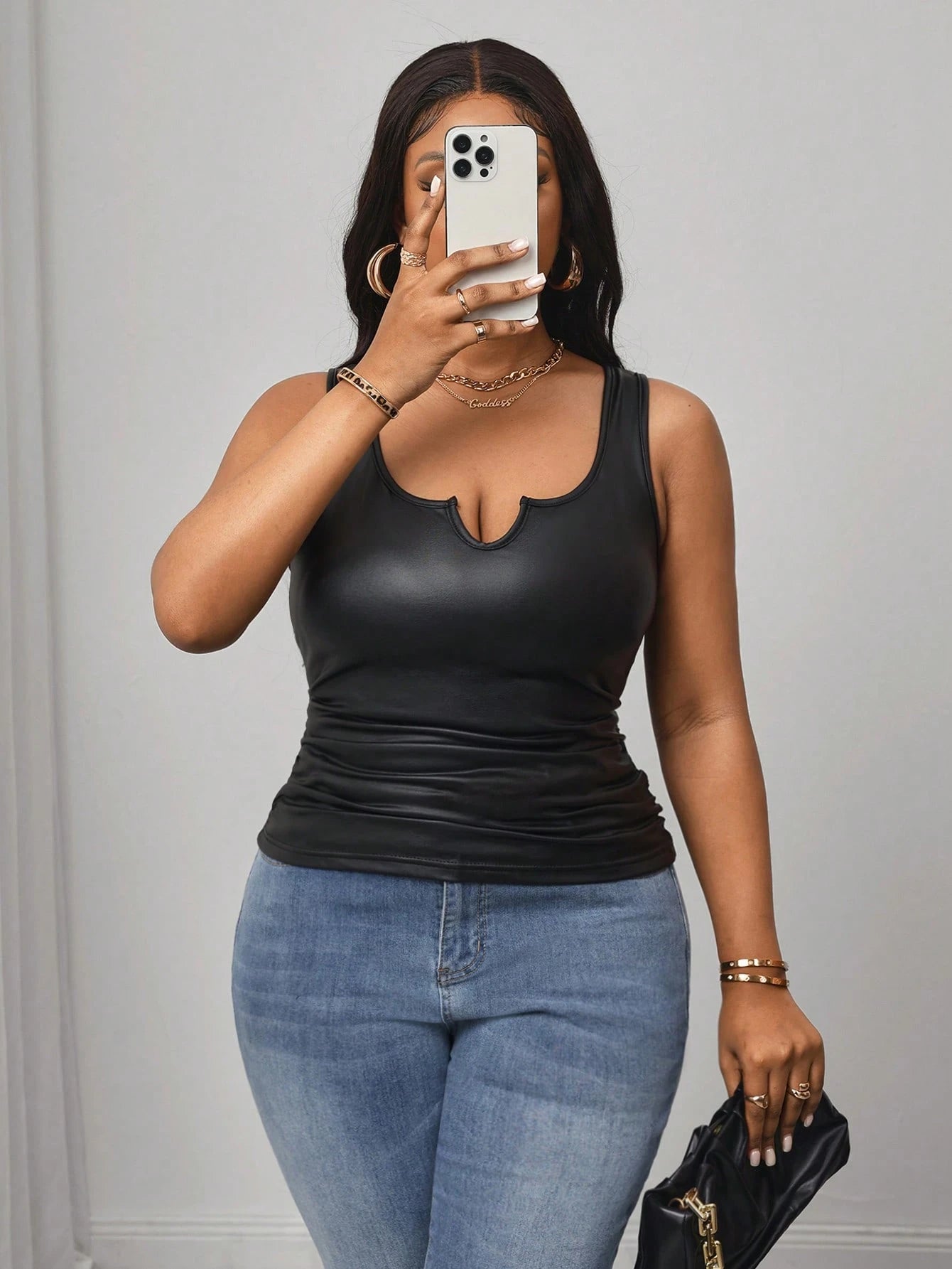 Truni Plus Size Casual All-Match Black Faux Leather Cami Top With Deep U-Neck And Racerback, For Pear Triangle Body Shape, For Body Shape, For Summer