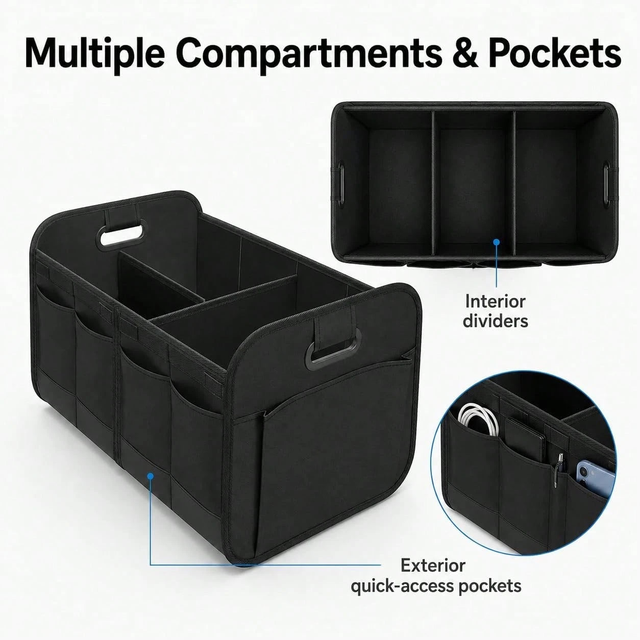Trunk Organizer For Car- 70L Collapsible Car Storage With 11 Pockets & Reinforced Handles, SUV Trunk Organizers For Grocery Cargo(Black)