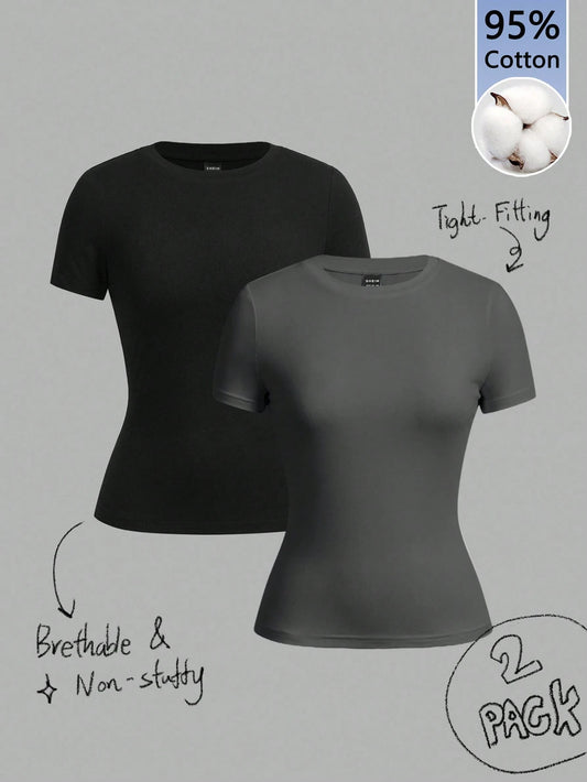 Tseoso 2pcs Black & Grey Short Sleeve T-Shirt Set,95% Cotton Casual Everyday Summer Women Clothes,Tight Fitting Softgirl Vintage Cute Back To School Outfits
