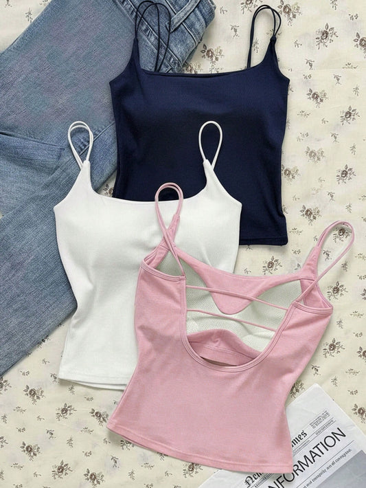 Tseoso 3 Packs Women's Ribbed Camisole Tops With Built-In Padded Bra,Navy Blue And White,Pink,Summer Chic Everyday Casual Tank Tops,Cozy Soft Streetwear