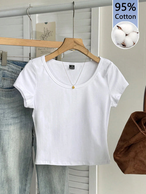 Tseoso 95% Cotton All White Summer Casual Everyday Women's T-Shirt,Scoop Neck Short Sleeve Tight Slim Fit Versatile Simple Pattern Chic Soft Top,Gift