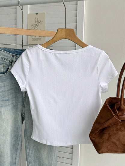 Tseoso 95% Cotton All White Summer Casual Everyday Women's T-Shirt,Scoop Neck Short Sleeve Tight Slim Fit Versatile Simple Pattern Chic Soft Top,Gift