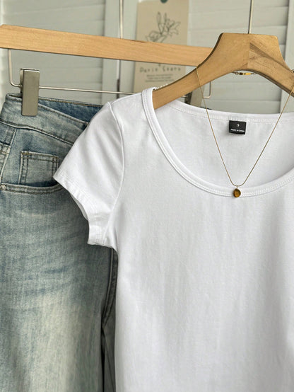 Tseoso 95% Cotton All White Summer Casual Everyday Women's T-Shirt,Scoop Neck Short Sleeve Tight Slim Fit Versatile Simple Pattern Chic Soft Top,Gift