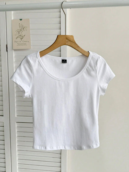 Tseoso 95% Cotton All White Summer Casual Everyday Women's T-Shirt,Scoop Neck Short Sleeve Tight Slim Fit Versatile Simple Pattern Chic Soft Top,Gift