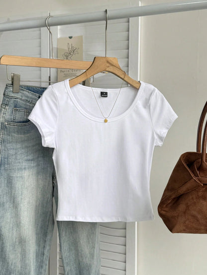 Tseoso 95% Cotton All White Summer Casual Everyday Women's T-Shirt,Scoop Neck Short Sleeve Tight Slim Fit Versatile Simple Pattern Chic Soft Top,Gift