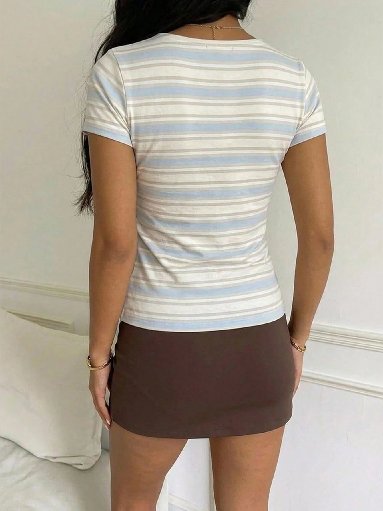 Tseoso Women's 95% Cotton Blue-White Striped Tee, Summer Streetwear, Soft Girl, Festival, Date, Home, Trave