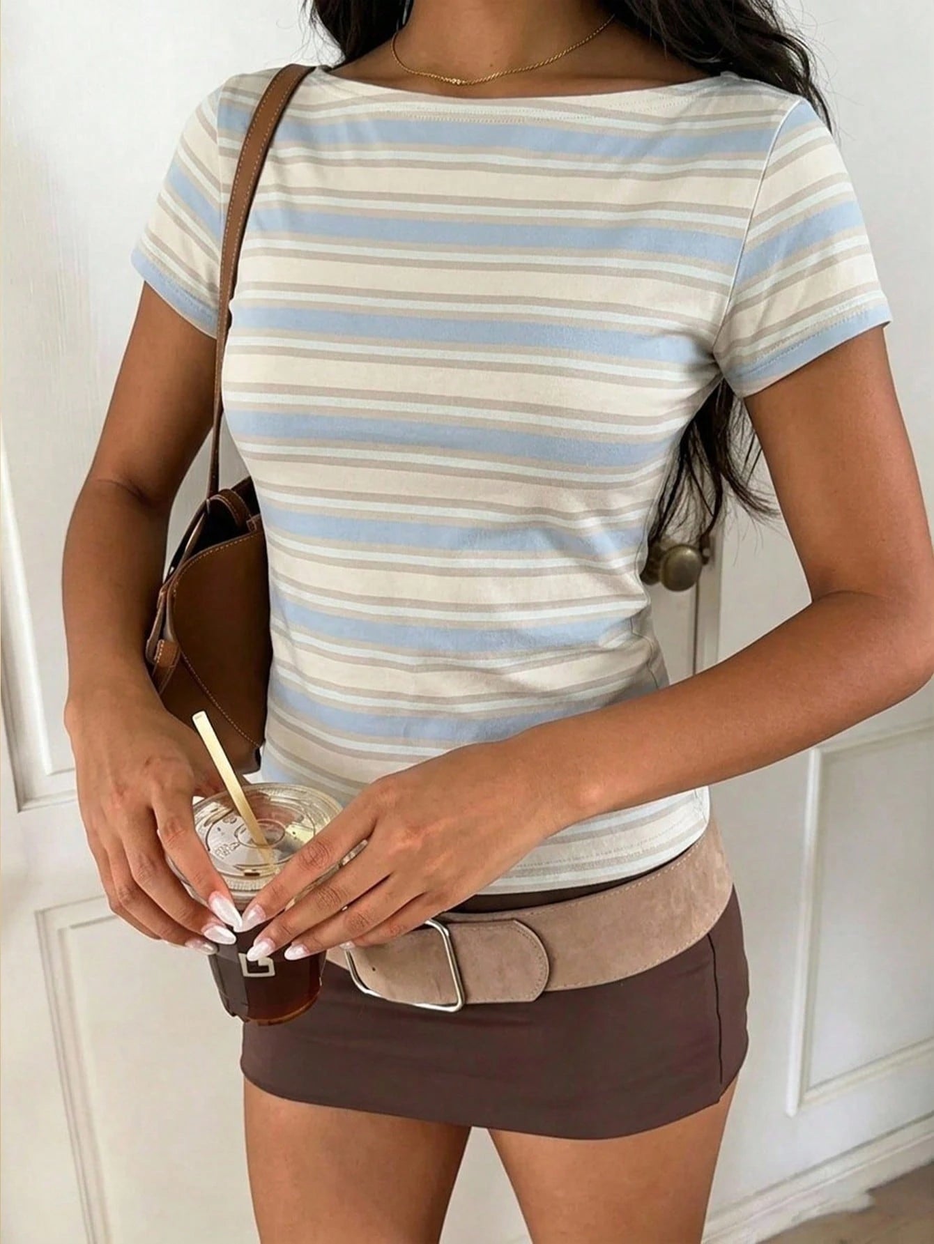 Tseoso Women's 95% Cotton Blue-White Striped Tee, Summer Streetwear, Soft Girl, Festival, Date, Home, Trave