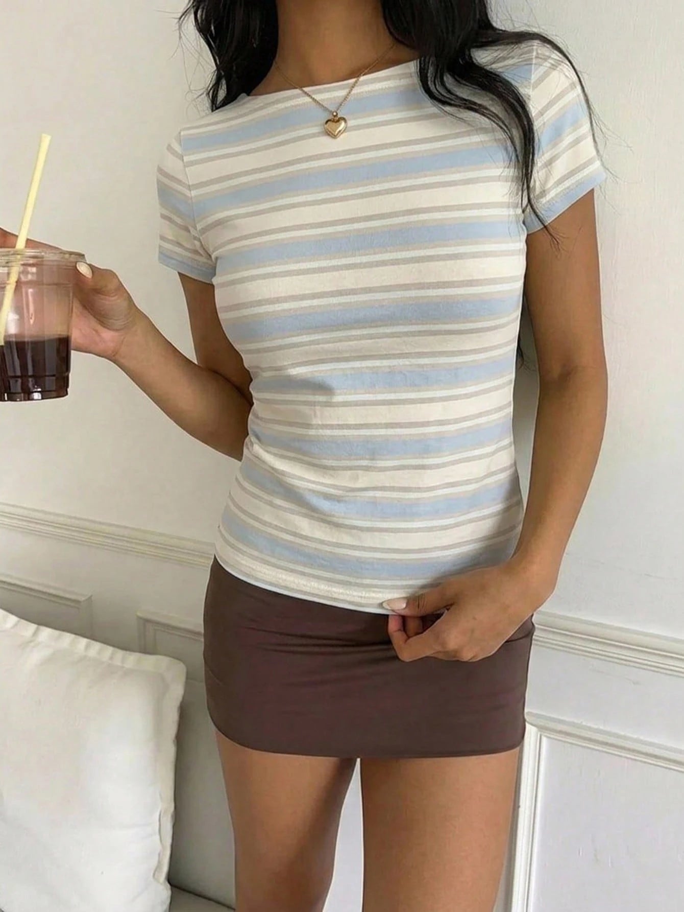 Tseoso Women's 95% Cotton Blue-White Striped Tee, Summer Streetwear, Soft Girl, Festival, Date, Home, Trave