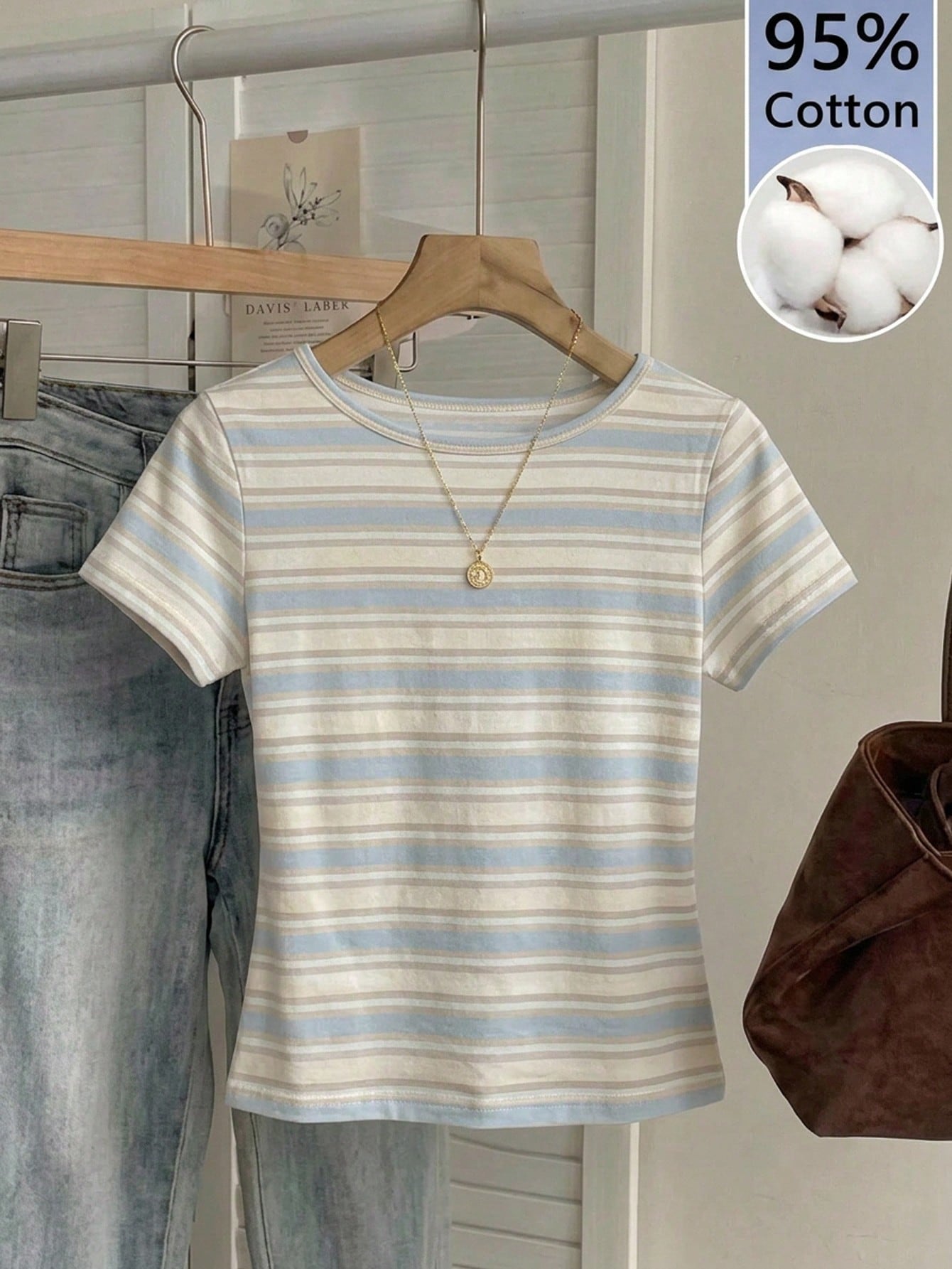 Tseoso Women's 95% Cotton Blue-White Striped Tee, Summer Streetwear, Soft Girl, Festival, Date, Home, Trave