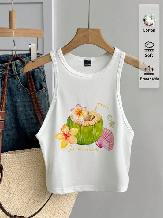 Tseoso Women's White Summer Casual Tropical Vacation Holiday Tank Top Round Neck Ocean Theme Coconut Flower Shell Pattern Form-Fitting Beach Spring Break