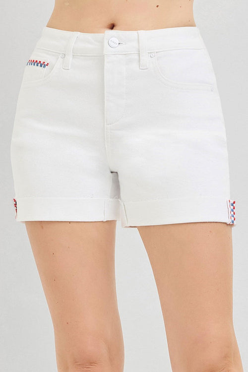 Tummy Control High Rise Cuffed Shorts with Embroidered Details- White