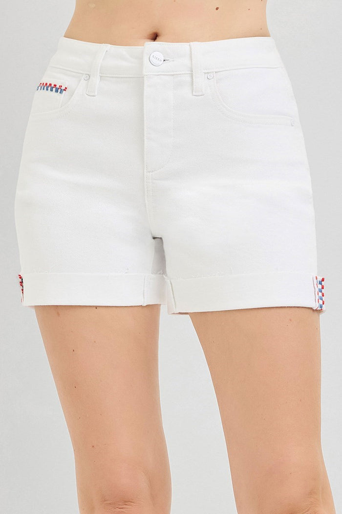 Tummy Control High Rise Cuffed Shorts with Embroidered Details- White