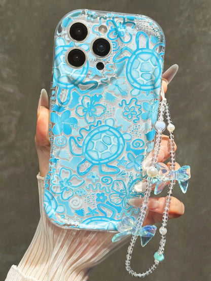 Turtle Painted Flat Print Cream Wave Edge With Bracelet Simple Anti-Drop Thickened Phone Protective Case Suitable For Ip 17/Ip 17pro/Ip 17promax/Iphone16 XR/7/8 Iphone15Promax/12PROMAX/13PROMAX/14PRO