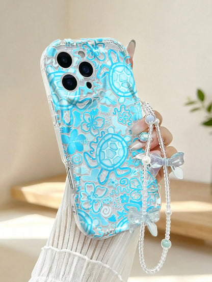 Turtle Painted Flat Print Cream Wave Edge With Bracelet Simple Anti-Drop Thickened Phone Protective Case Suitable For Ip 17/Ip 17pro/Ip 17promax/Iphone16 XR/7/8 Iphone15Promax/12PROMAX/13PROMAX/14PRO