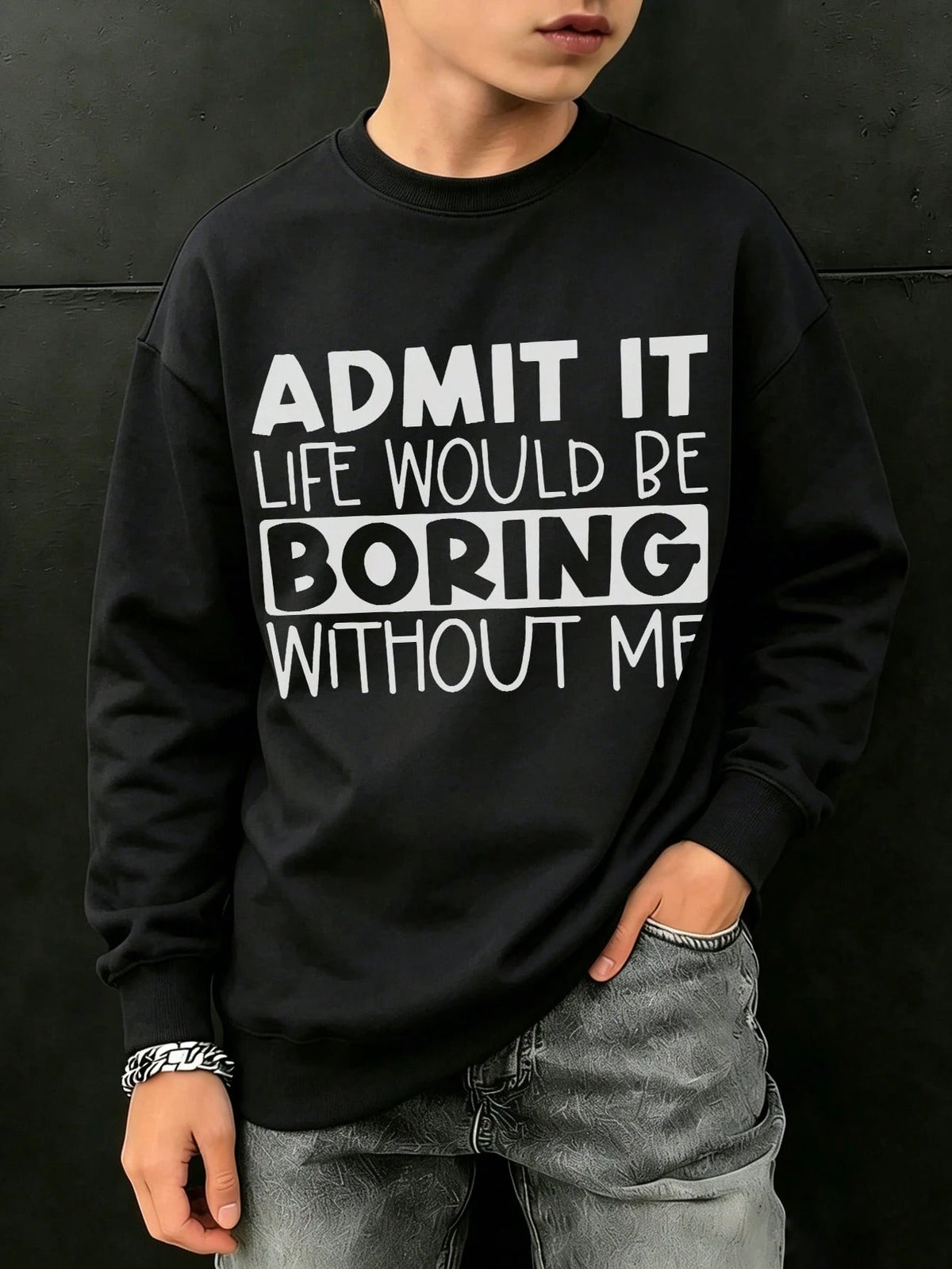 Tween Boy Warm Crewneck Sweatshirt, Kids' Autumn/Winter Long Sleeve Top, Student Casual Wear, Street/Casual/Designer/Daily/Sporty/Fashion/Preppy
