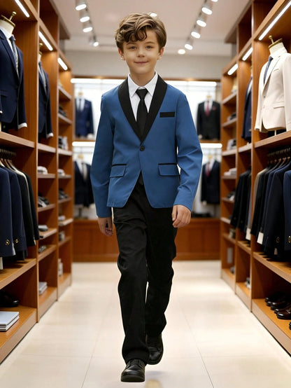 Tween Boys Blue White Blazer & Pants Suit For Wedding Stage Show & Back To School