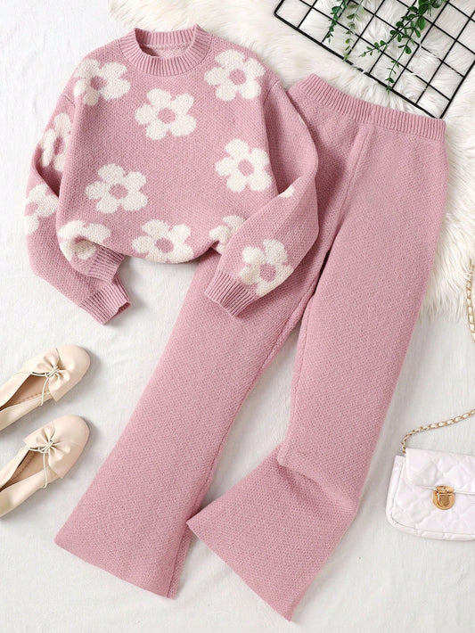 Tween Girl Casual Pink Floral Jacquard Loose Pullover Sweater And Flare Pants Set, Suitable For Home And Outdoor, Autumn/Winter Fall