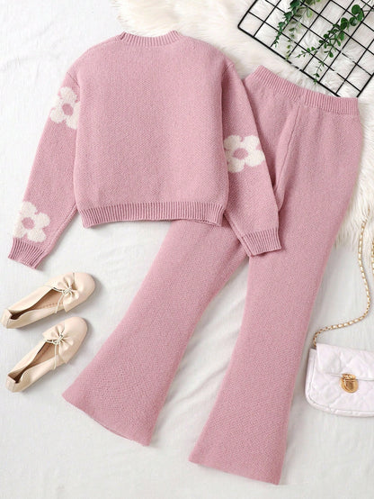 Tween Girl Casual Pink Floral Jacquard Loose Pullover Sweater And Flare Pants Set, Suitable For Home And Outdoor, Autumn/Winter Fall