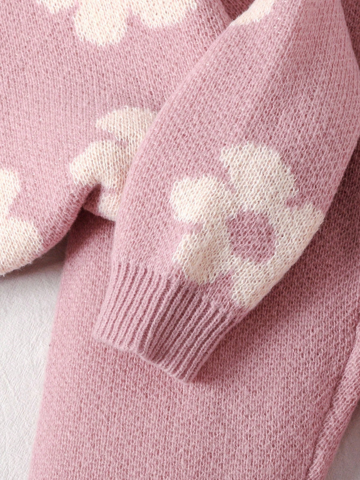 Tween Girl Casual Pink Floral Jacquard Loose Pullover Sweater And Flare Pants Set, Suitable For Home And Outdoor, Autumn/Winter Fall