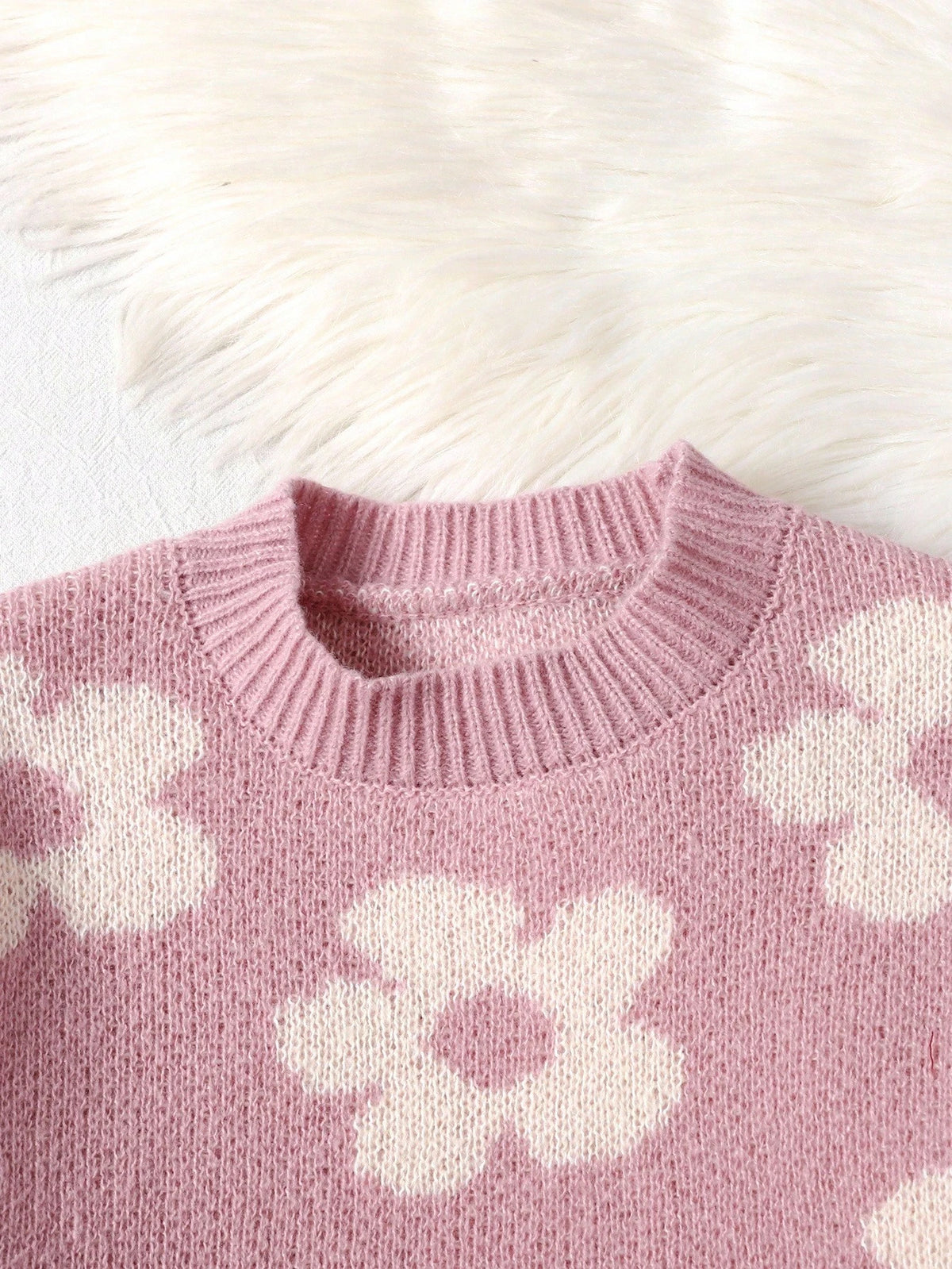 Tween Girl Casual Pink Floral Jacquard Loose Pullover Sweater And Flare Pants Set, Suitable For Home And Outdoor, Autumn/Winter Fall