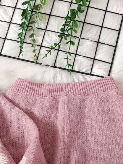Tween Girl Casual Pink Floral Jacquard Loose Pullover Sweater And Flare Pants Set, Suitable For Home And Outdoor, Autumn/Winter Fall
