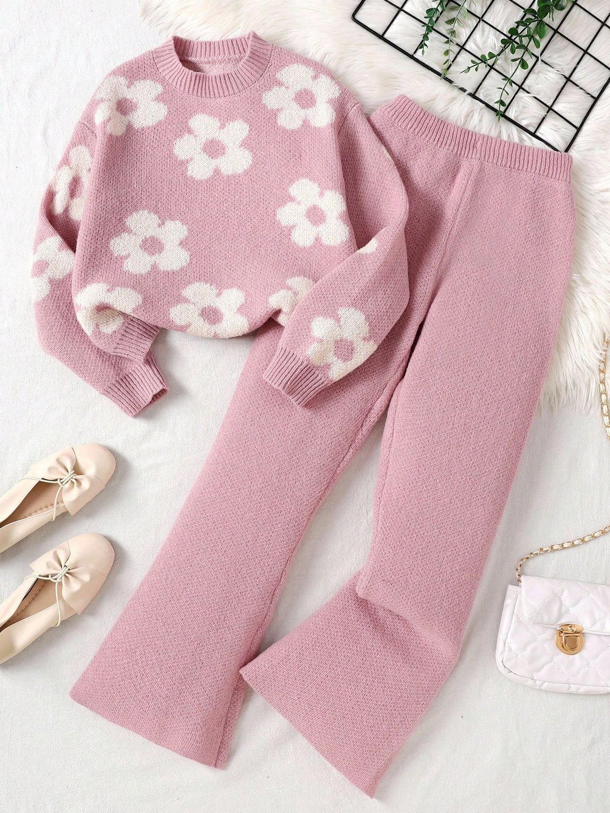 Tween Girl Casual Pink Floral Jacquard Loose Pullover Sweater And Flare Pants Set, Suitable For Home And Outdoor, Autumn/Winter Fall
