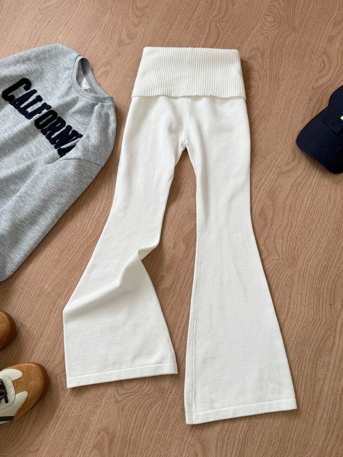 Tween Girl White Autumn Casual Simple Solid Apricot Tight High Waist Flare Leg Knit Sweater Pants,Mommy And Me Matching Fall Winter Bell Bottom