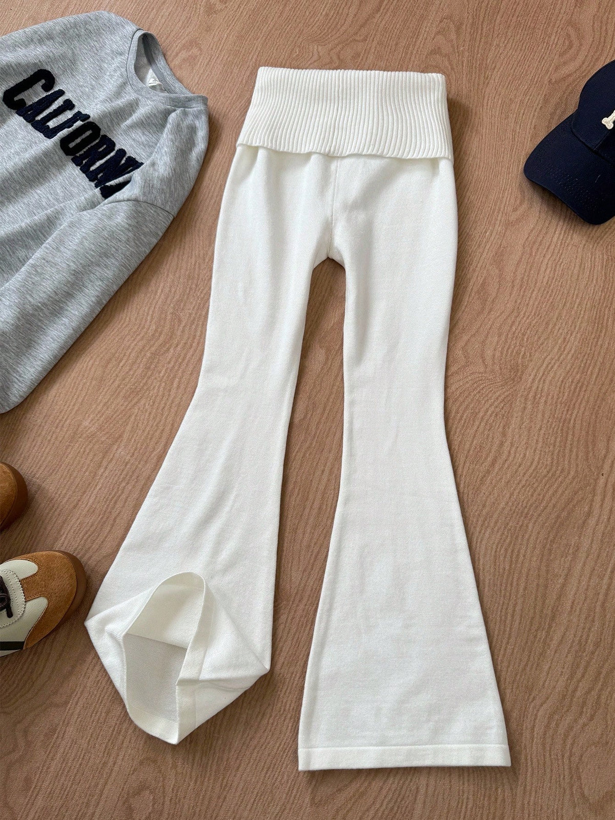 Tween Girl White Autumn Casual Simple Solid Apricot Tight High Waist Flare Leg Knit Sweater Pants,Mommy And Me Matching Fall Winter Bell Bottom