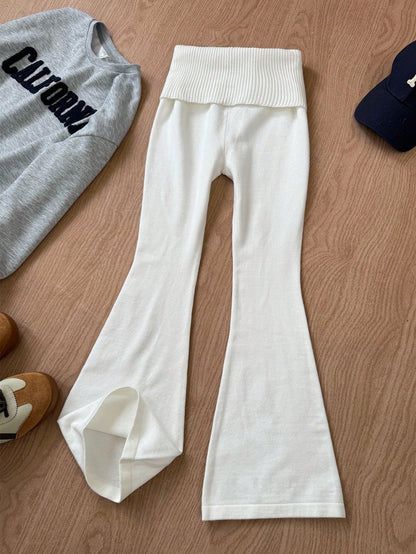 Tween Girl White Autumn Casual Simple Solid Apricot Tight High Waist Flare Leg Knit Sweater Pants,Mommy And Me Matching Fall Winter Bell Bottom