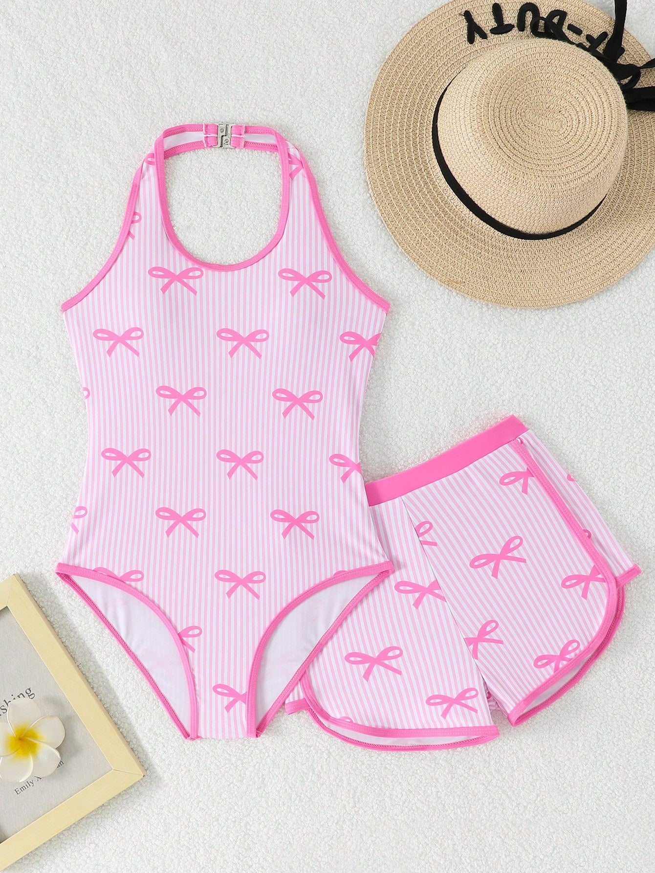 Tween Girls Cute Pink And White Striped One-Piece Swimsuit & Shorts Set,Pink Bow Pattern,Halter Neck Bathing Suit For Summer,Beach,Holiday Vacation