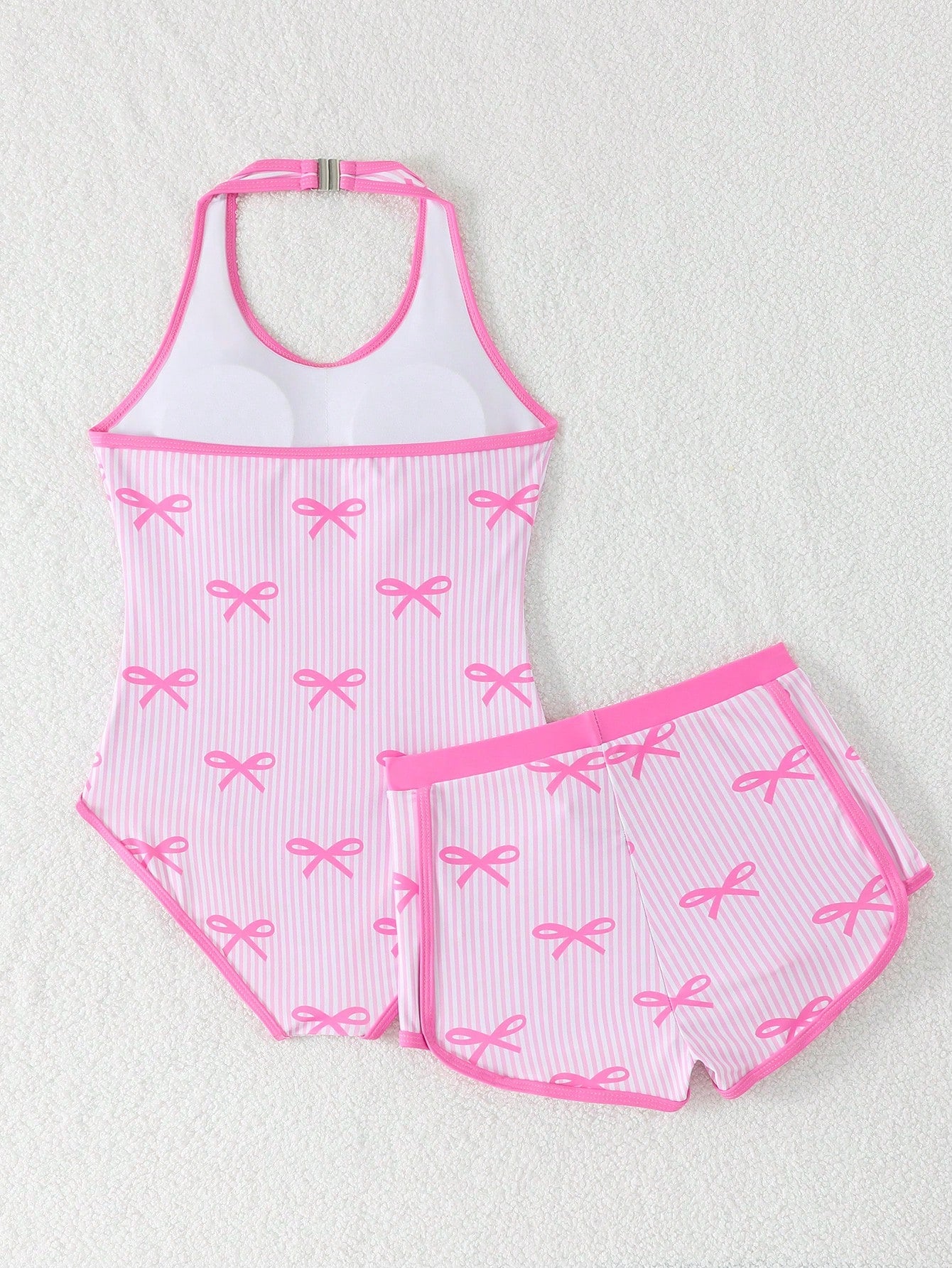 Tween Girls Cute Pink And White Striped One-Piece Swimsuit & Shorts Set,Pink Bow Pattern,Halter Neck Bathing Suit For Summer,Beach,Holiday Vacation