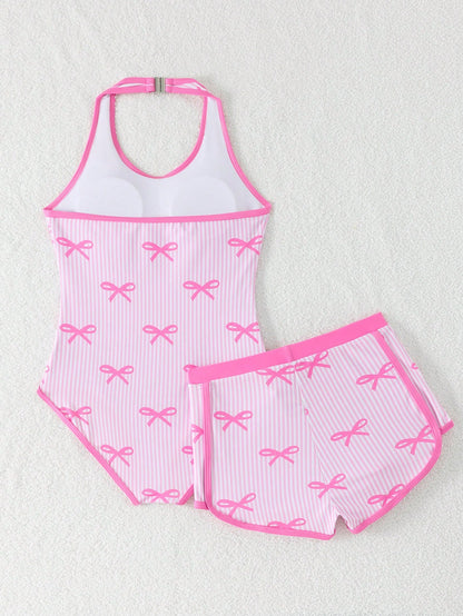 Tween Girls Cute Pink And White Striped One-Piece Swimsuit & Shorts Set,Pink Bow Pattern,Halter Neck Bathing Suit For Summer,Beach,Holiday Vacation