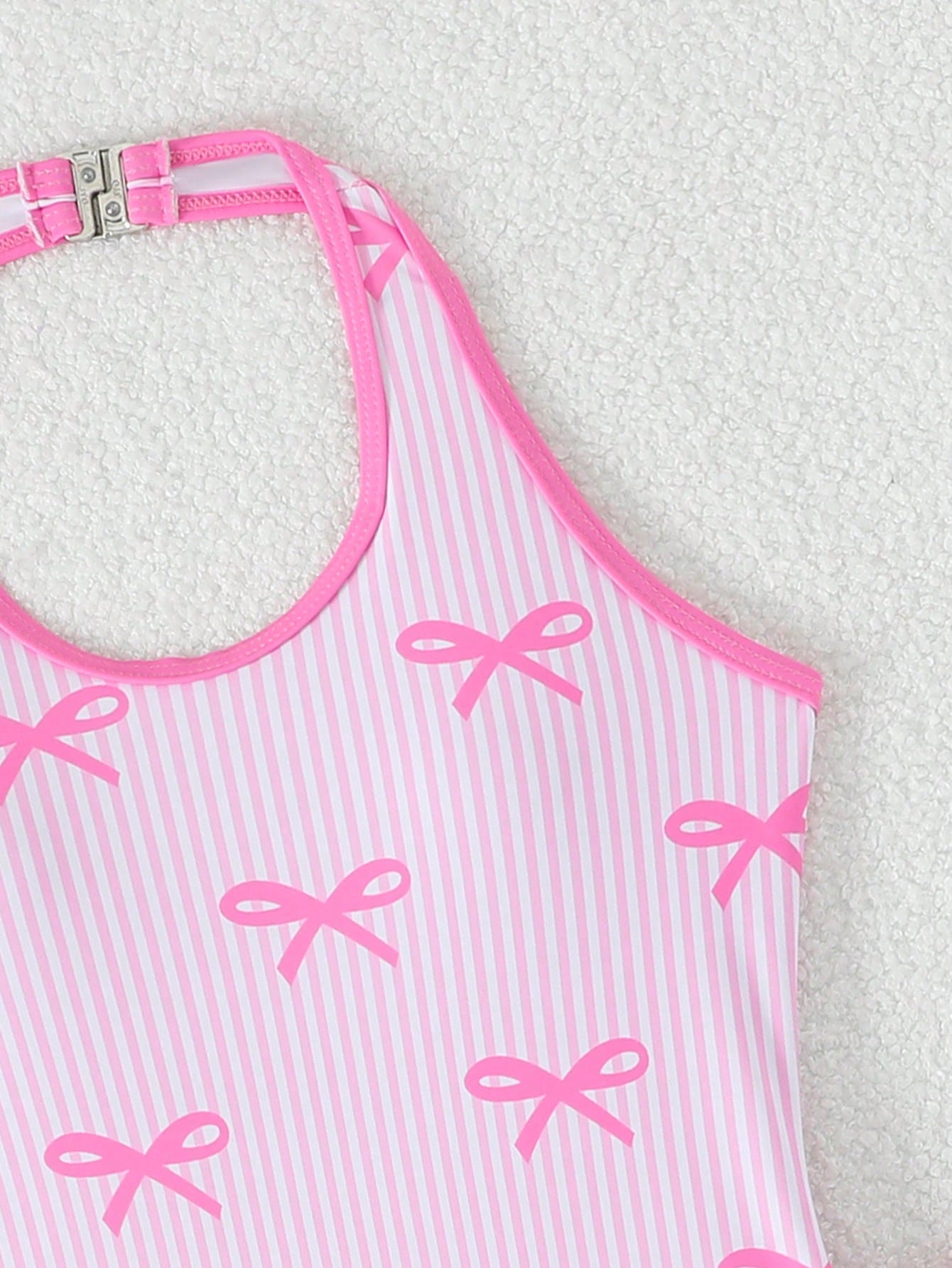 Tween Girls Cute Pink And White Striped One-Piece Swimsuit & Shorts Set,Pink Bow Pattern,Halter Neck Bathing Suit For Summer,Beach,Holiday Vacation