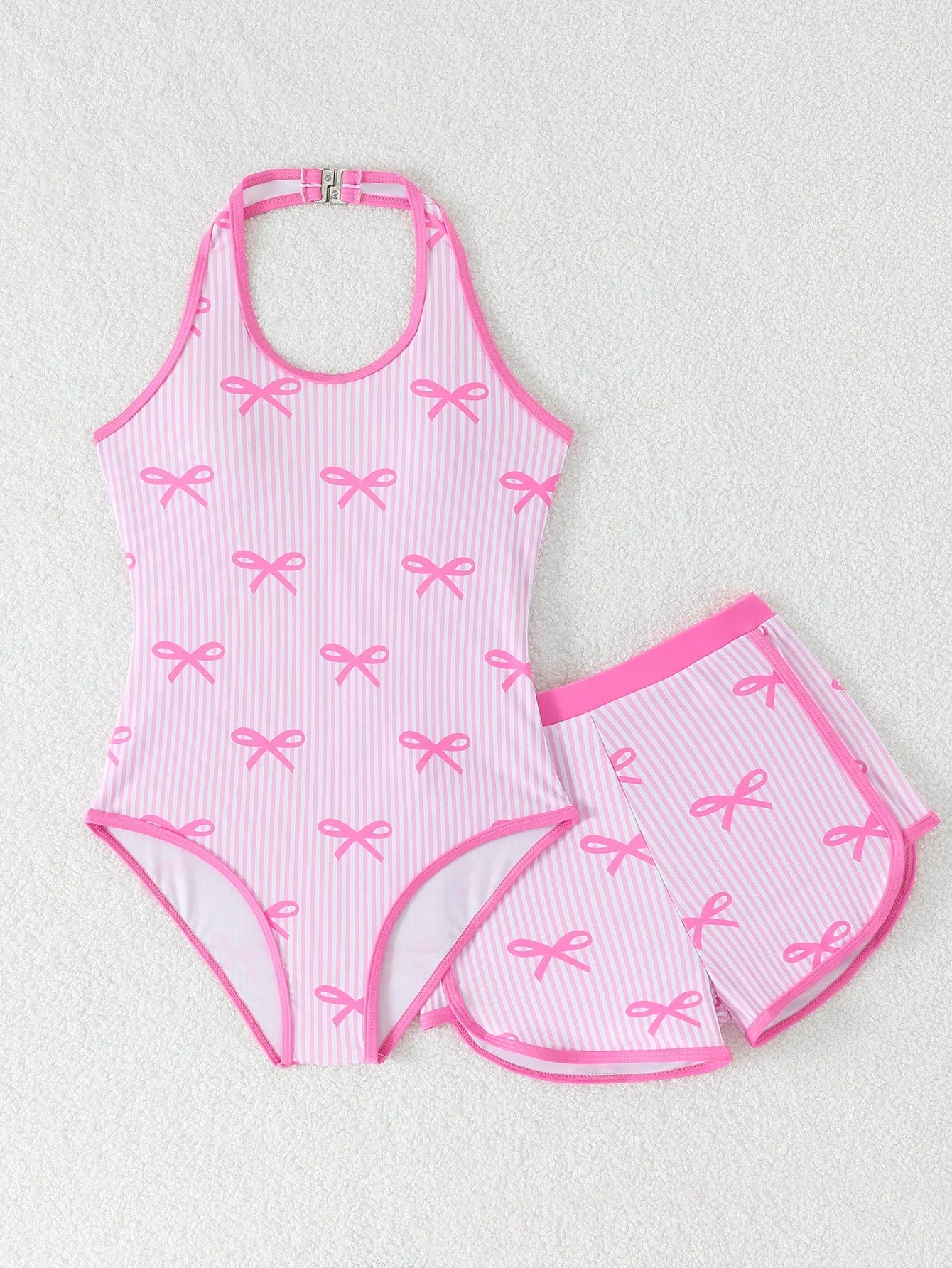 Tween Girls Cute Pink And White Striped One-Piece Swimsuit & Shorts Set,Pink Bow Pattern,Halter Neck Bathing Suit For Summer,Beach,Holiday Vacation