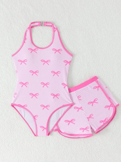 Tween Girls Cute Pink And White Striped One-Piece Swimsuit & Shorts Set,Pink Bow Pattern,Halter Neck Bathing Suit For Summer,Beach,Holiday Vacation