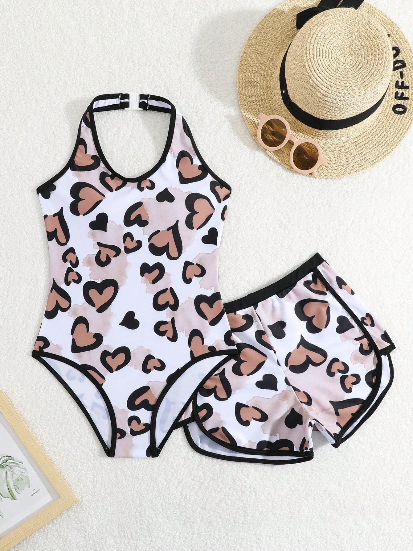 Tween Girls Cute Pink And White Striped One-Piece Swimsuit & Shorts Set,Pink Bow Pattern,Halter Neck Bathing Suit For Summer,Beach,Holiday Vacation